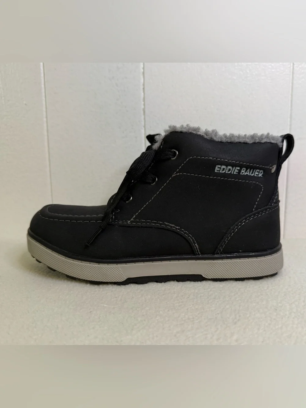 Eddie Bauer Kids' Maddox Black Winter Lace-Up Side Zip Boots with Gray Faux Fur